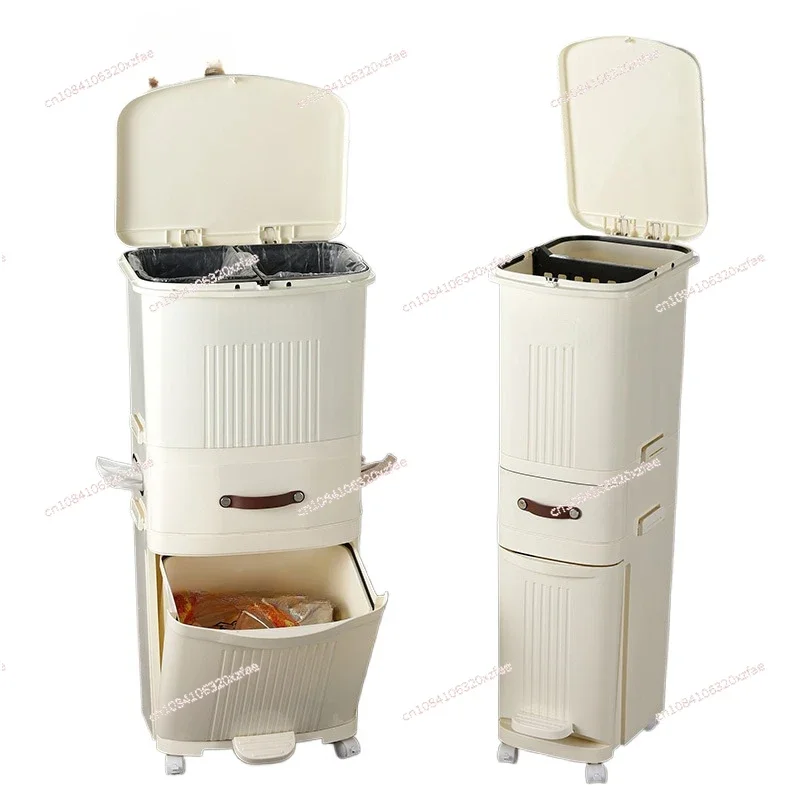 Multi-layer household sorting trash can with wheel dry and wet separation kitchen vertical trash can with lid 45L