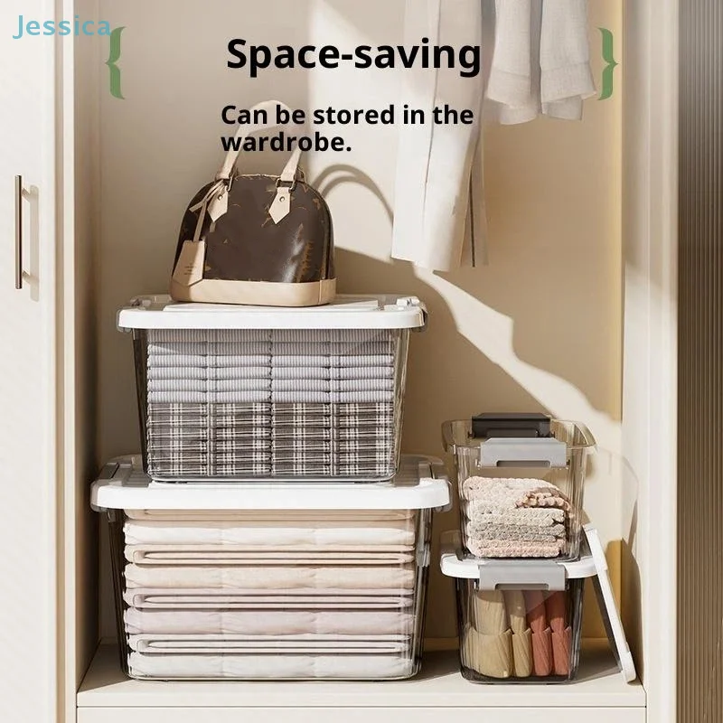 ♥ صندوق تخزين بلاستيكي شفاف مع غطاء صندوق منظم قابل للتكديس، حاوية شفافة للمنزل، تنظيم المطبخ والخزانة