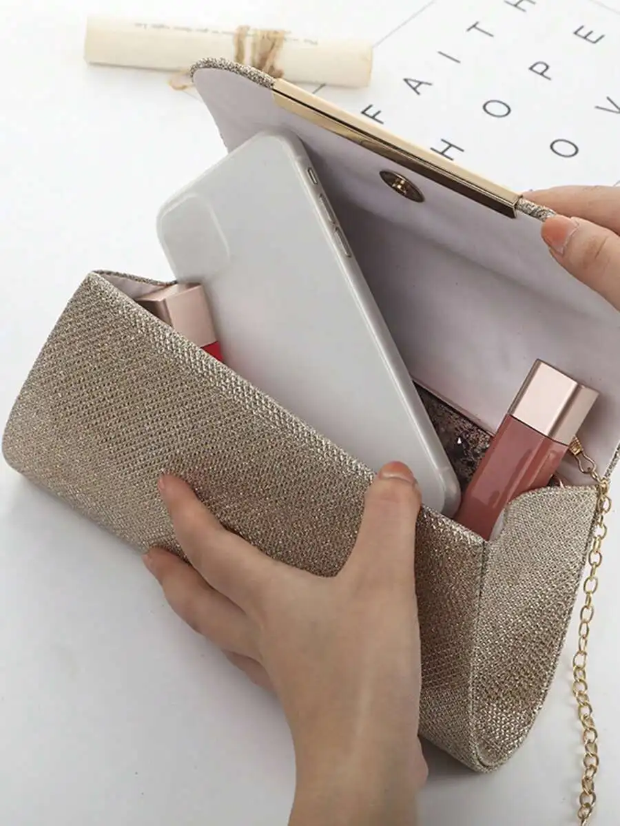 Sparkly Mesh Clutch With Gold Chain, Holds Phone & Cosmetics, Ideal For Wedding, Prom, Banquet And Evening Events