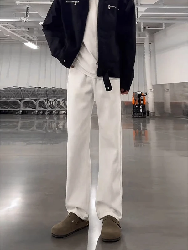 

Cleanfit White Straight Leg Jeans Men's American High Street Casual Pants Elastic Slimming Micro Flared Trousers