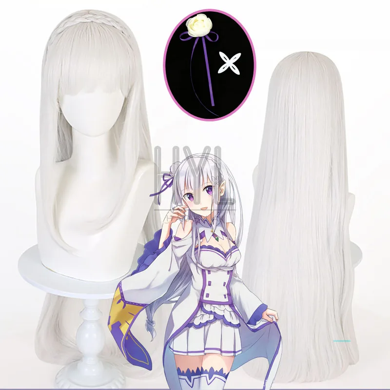 アニメ再-ゼロエミリアコスプレウィッグ白ロング耐熱人工毛ヘッドウェア女性男性用ハロウィンカーニバルパーティー小道具