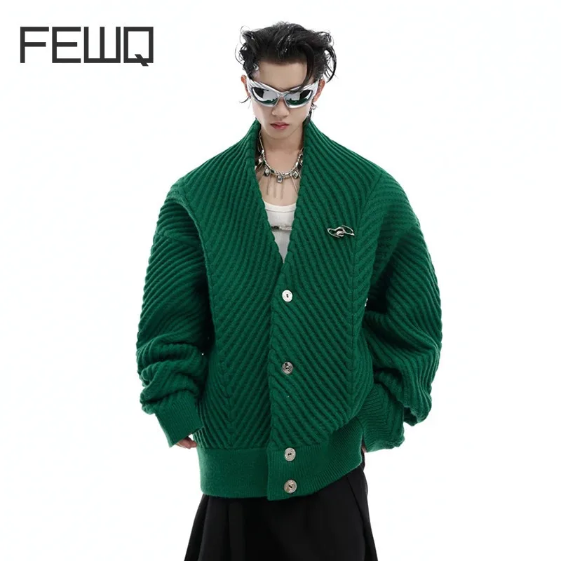 FEWQ Niche Design Men Cardigan Metal Button Big V-neck Thickened Knitting Single Breasted Male Loose Sweater New Autumn 24E2348