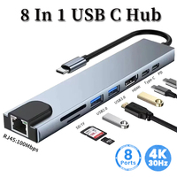 8 In 1 USB C Hub with RJ45 SD/TF Card Reader Type C USB 3.0 To 4K HD Adapter PD Docking Station for PC Notebook Laptop Computer