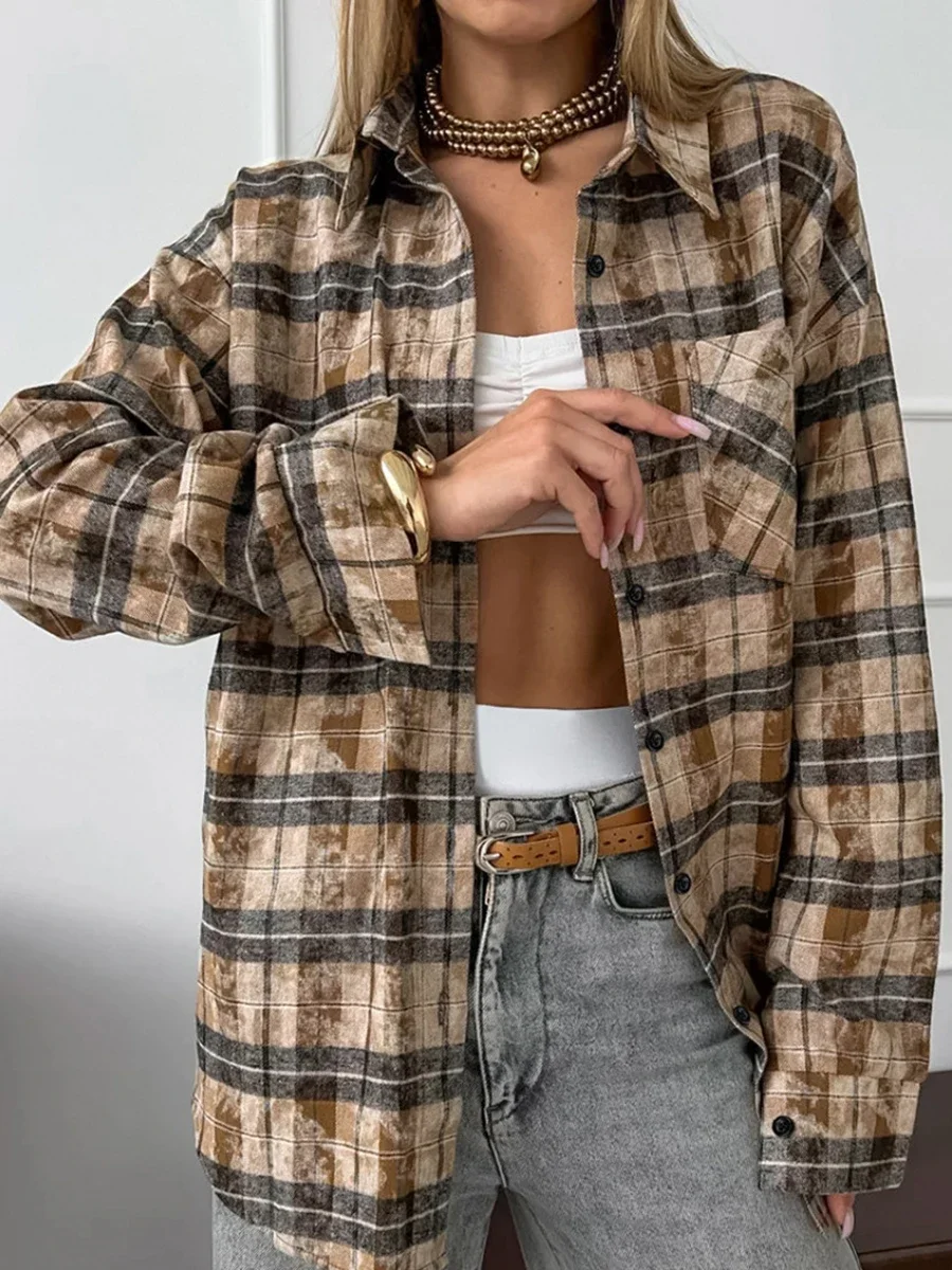 Bornladies Autumn 100% Cotton Loose Retro Plaid Shirt Women\'s Versatile Long Sleeved Top Oversized Outer Stylish Female Shirt