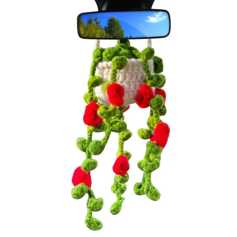 Crochet Car Decor Hand Knitted Crochet Plant Basket For Car Automotive Pendant Mirror Accessories Car Interior Ornaments