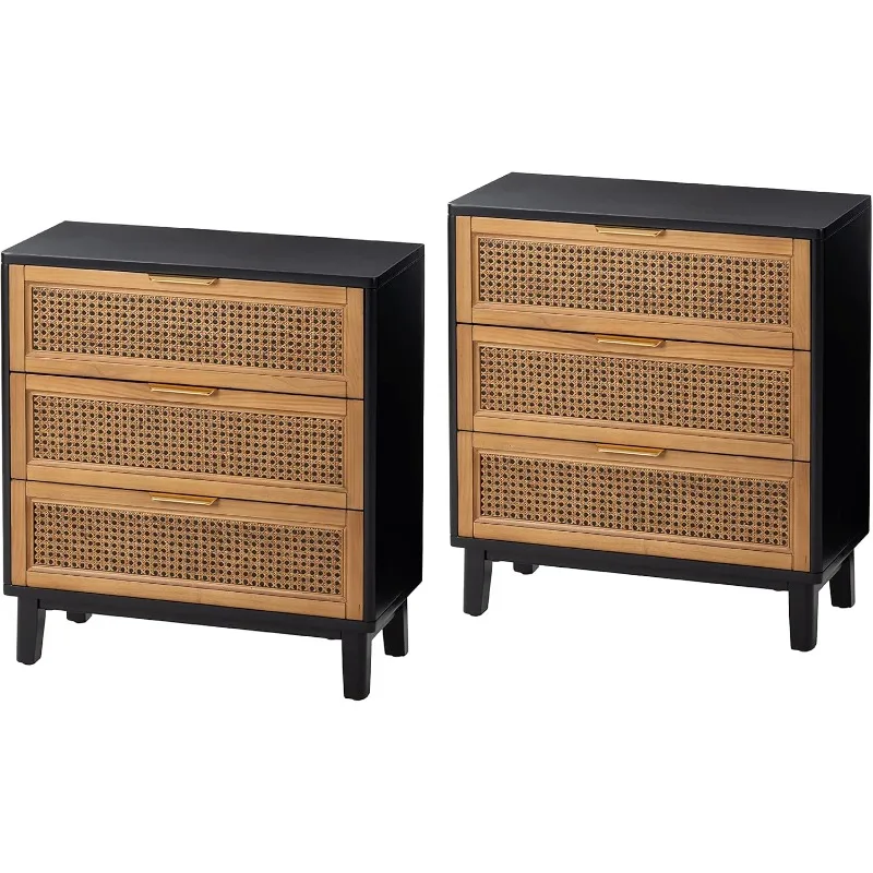 

Farmhouse 3-Drawer Nightstand, Set of 2 Woven Cane Front Accent Dresser with Brass Pull, Fully-Assembled, Black