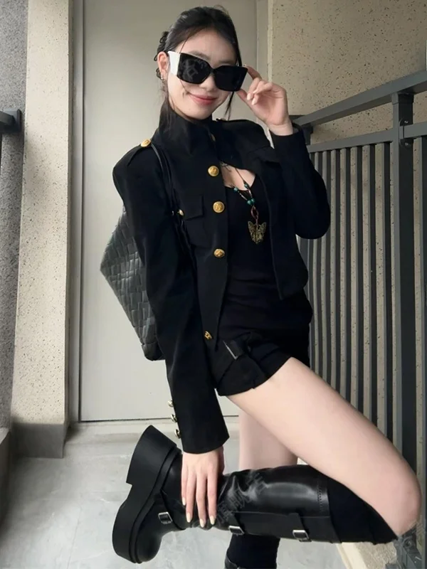 

Retro American Black Stand Collar Short Jacket Women's Autumn Winter New Style High Quality Casual Loose Coat Top