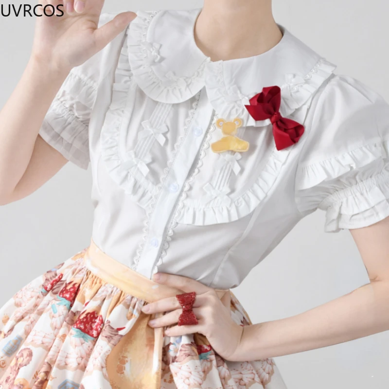 Blusas japonesas Lolita vitorianas doces para mulheres, camisas com gola Peter Pan arco kawaii meninas puff tops de manga curta, blusa de verão Y2K