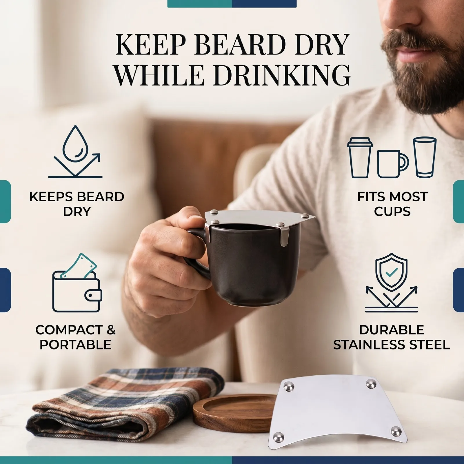Mustache Drinking Protector Portable Mustache Guard Men Beard Protectors for Mugs Glasses Cups Stainless Steel