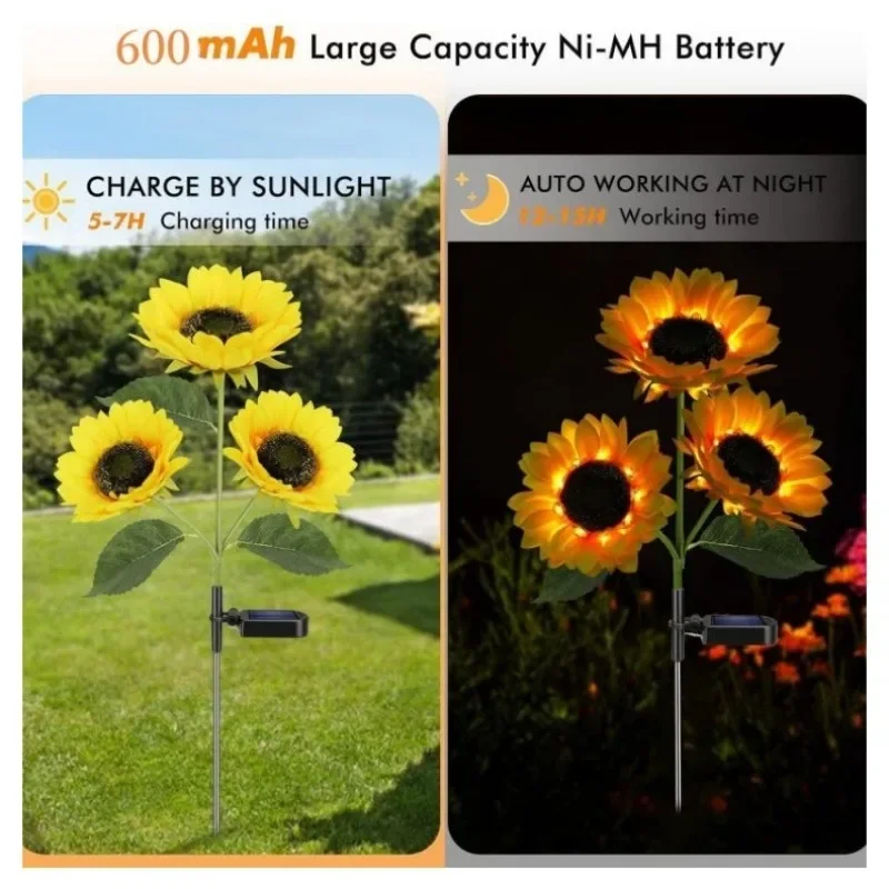 Solar Sunflower Lights,600mA Solar Garden Light with Real Looking Flowers Waterproof Solar for Back Yard,Flower Bed,Spring Deco