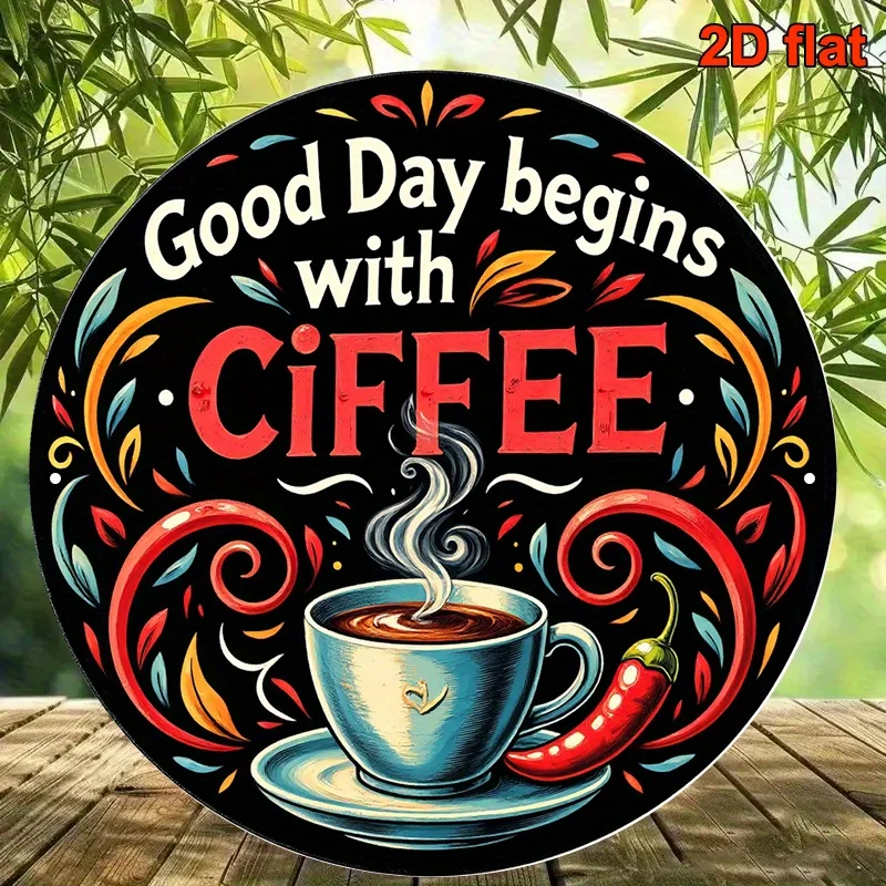 لافتة ألومنيوم مستديرة 2D، قطعة واحدة مقاس 20.32 × 20.32 سم - "يوم جيد يبدأ مع القهوة" ديكور حائط عتيق بخاري مزين بالزهور، مناسب