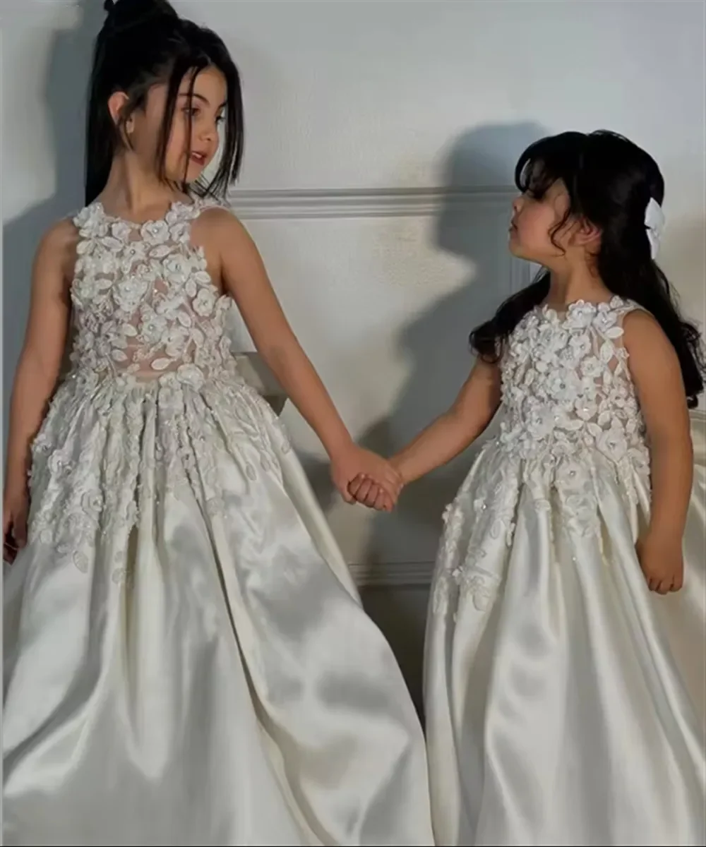 فستان مخصص للفتيات من الساتان JDY مزين بالزهور على شكل حرف a ورقبة رسن فستان حفلات أعياد ميلاد الطفل فستان حفلات المشاهير #4