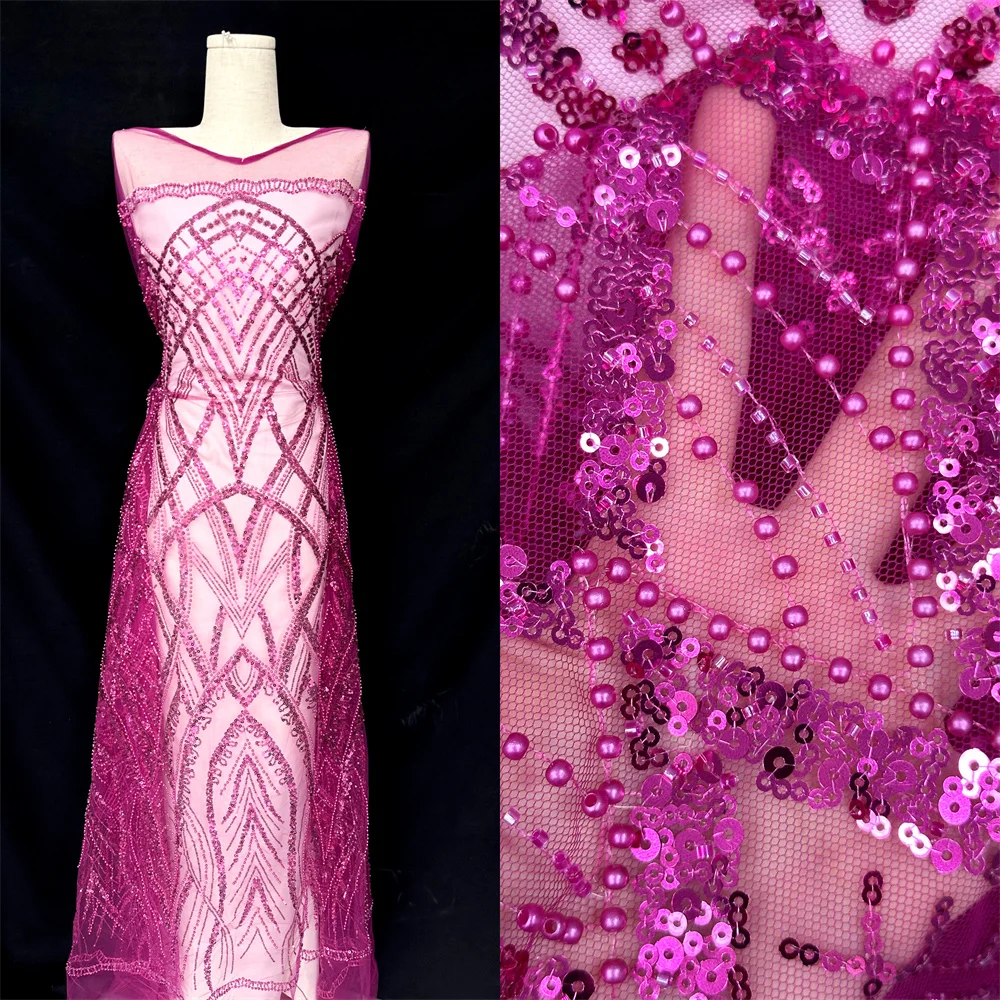 

African French Beaded Lace Fabric 3D Sequins Embroidered Tulle 5 Yards High Quality Nigerian Style for Sewing Party Dresses