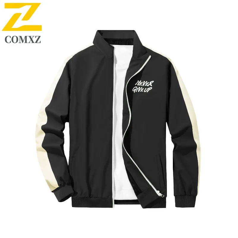 

COMXZ Premium Mens Jacket Stand Collar Hunting Wear Resistant Coat Trendy Letter Design Color Block Lightweight Autumn Garment