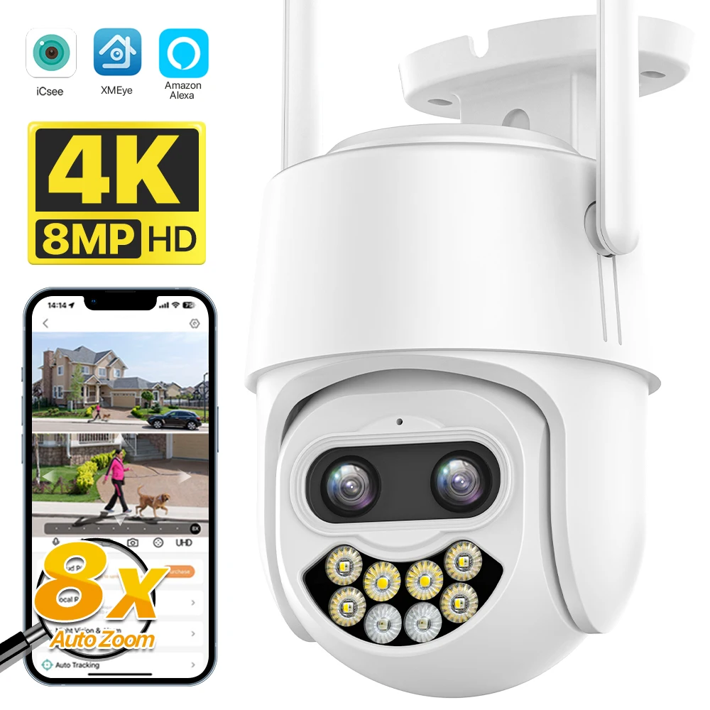 4K 8MP Dual Lens Wifi IP Camera 8X Zoom Outdoor PTZ Camera Auto Tracking 1080P 4MP CCTV Surveillance Support Alexa XMEye iCsee