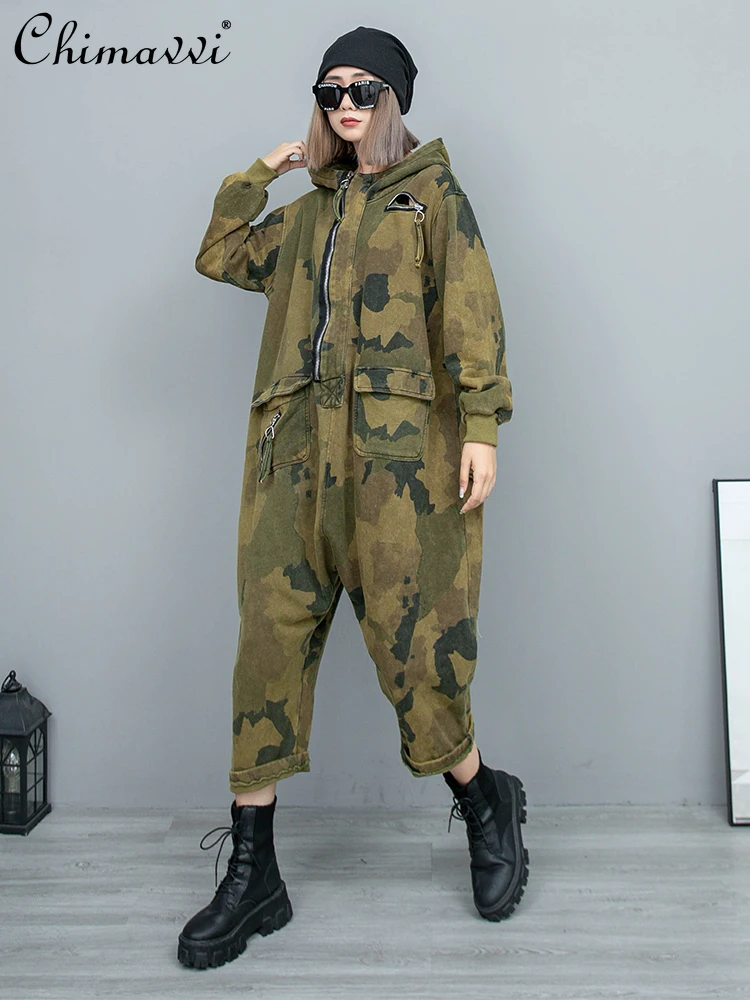 Fashion Personality Camouflage Long-sleeved Hooded Jumpsuit Women Autumn Loose Zipper Streetwear Nine-point Jumpsuits Overall