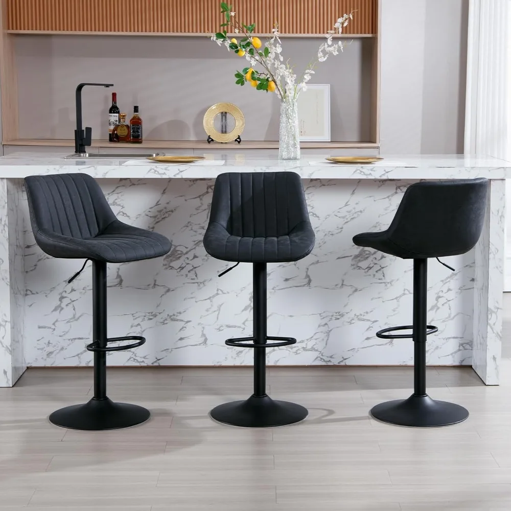 바스툴 3개 세트, 등받이가 있는 회전식 카운터 높이 조절 가능 바스툴, 발판이 있는 덮개를 씌운 인조 가죽 바 의자, 모던