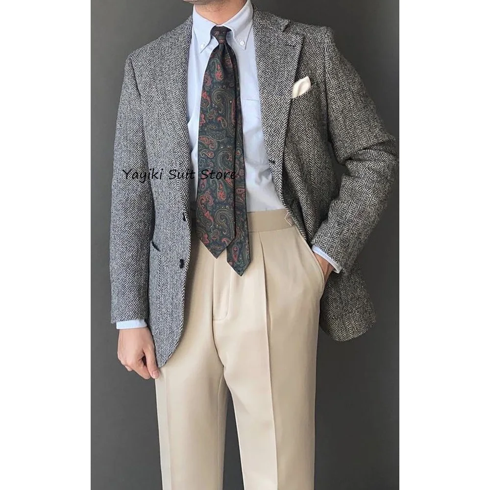 

Business Casual Men's Social Coat Man Jackets High Quality Notched Lapel Urban Blazers Herringbone Fabric Single-breasted Suit