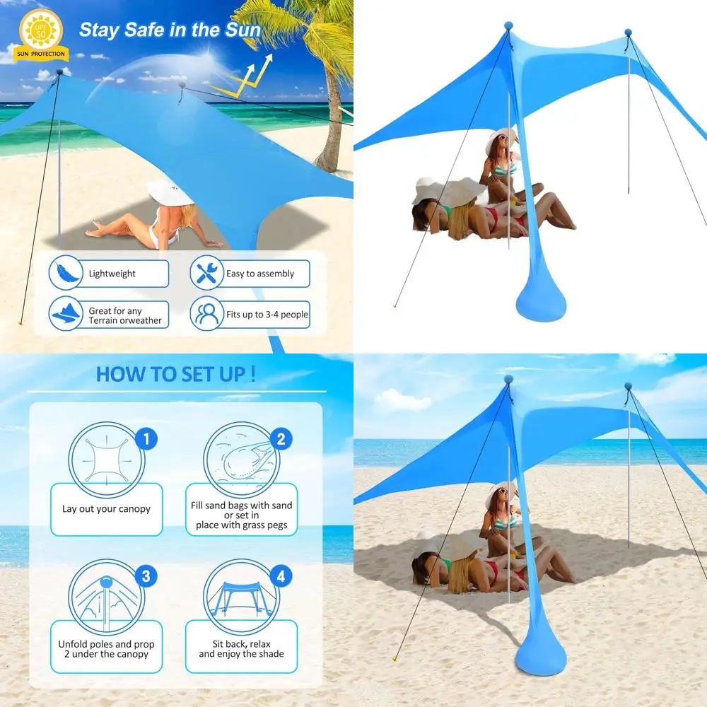 

Пляжный тент-шатер 2,3 м x 2,3 м с защитой от УФ-излучения UV50+, с мешками с песком, опорами, кольями для крепления к земле и веревками для защиты от ветра для активного отдыха на природе
