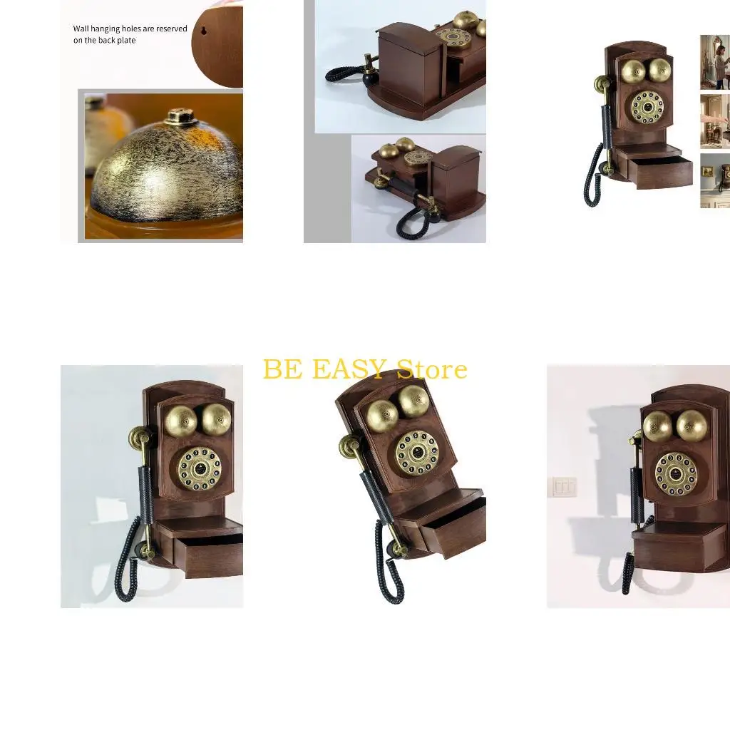 

E28F Retro Wall Mount Landline Phone with Storage Box Antique Telephone Rotary Dials Phone Model Coffee Shop,Home Decors