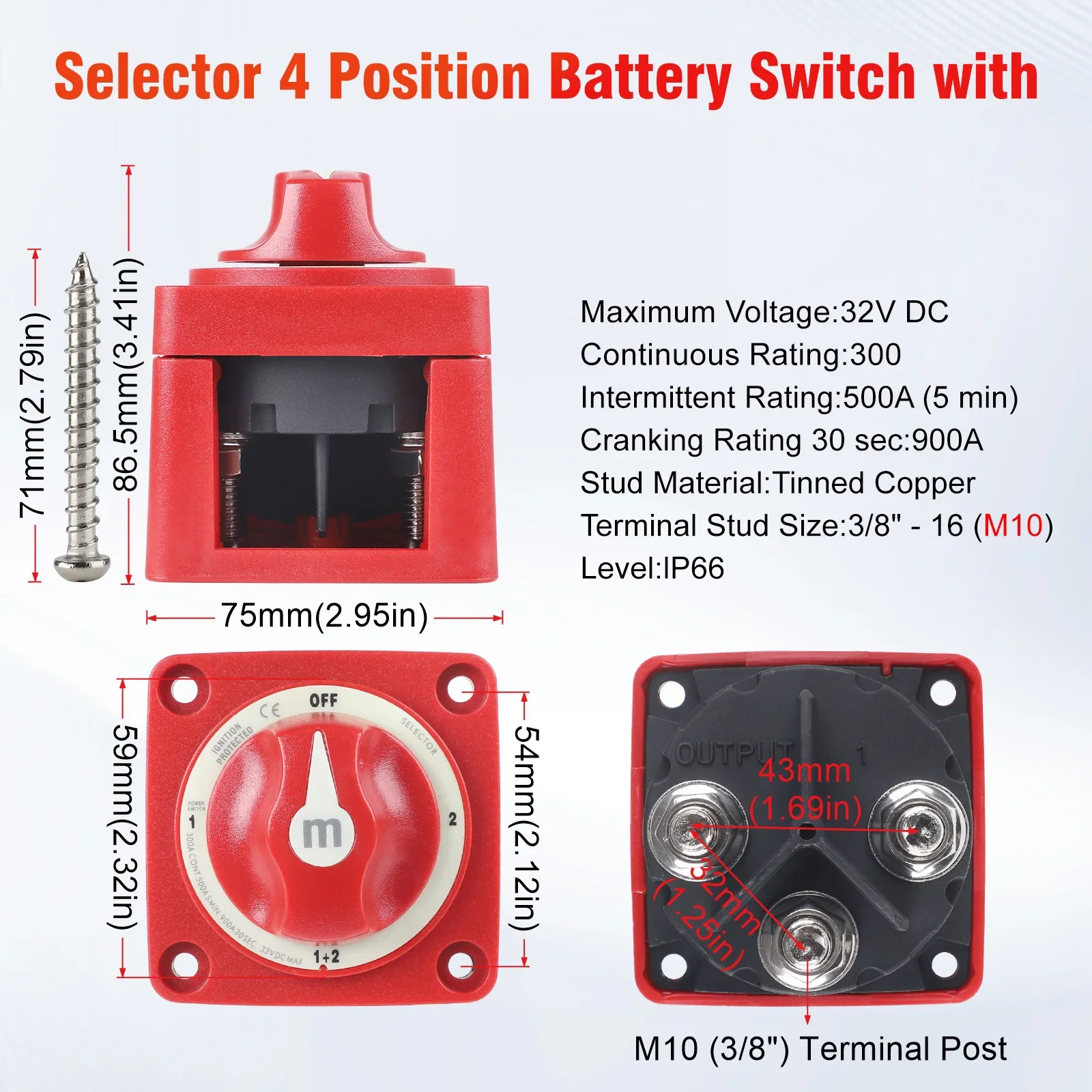 CNSPEED 300A 32V M10 M 시리즈 선택기 4 위치 배터리 스위치 아이솔레이터 분리 로터리 스위치 ﻿ 캠핑카 RV 트럭 보트 자동차용