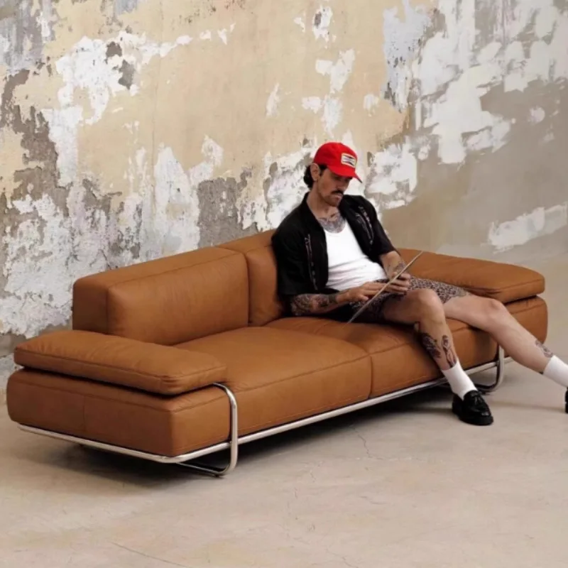 

French retro straight row Bauhaus leather sofa small apartment living room new Italian minimalist