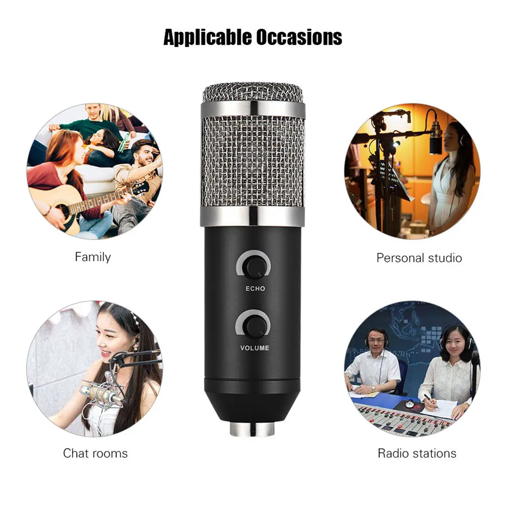 Professional Condenser Microphone Black Cardioid Pattern High Output Low Noise Studio Recording Broadcasting Podcast Rack Holder