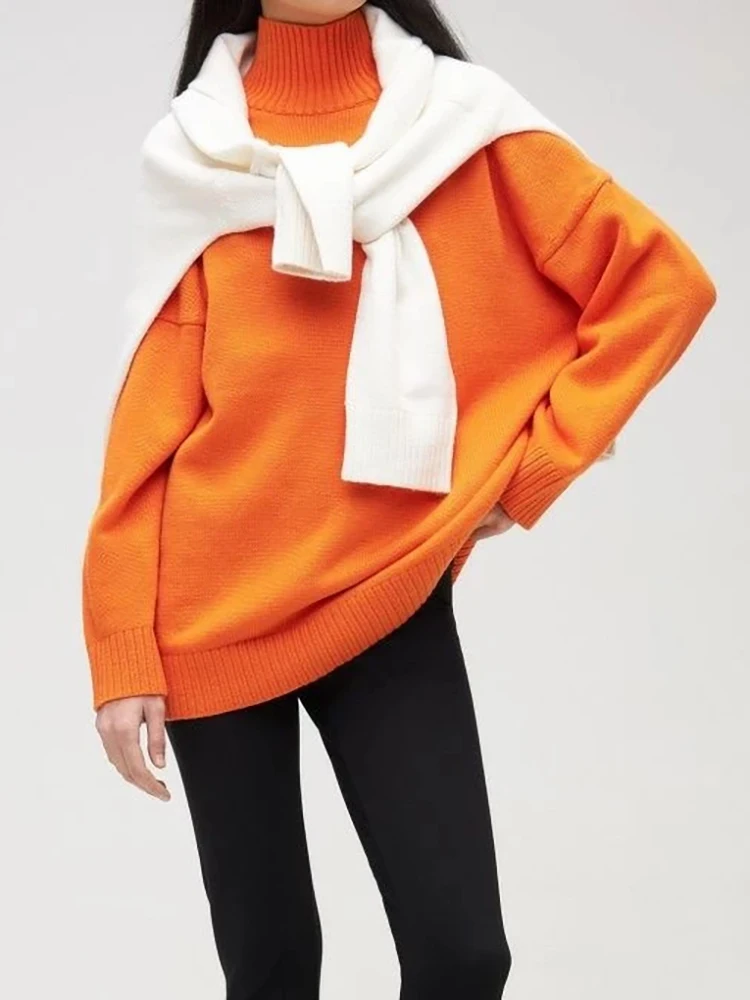 White Knitted Sweaters for Women 2024 Autumn Winter Oversized Pullovers Orange All-match Soft Thick Women\'s Turtleneck Jumpers