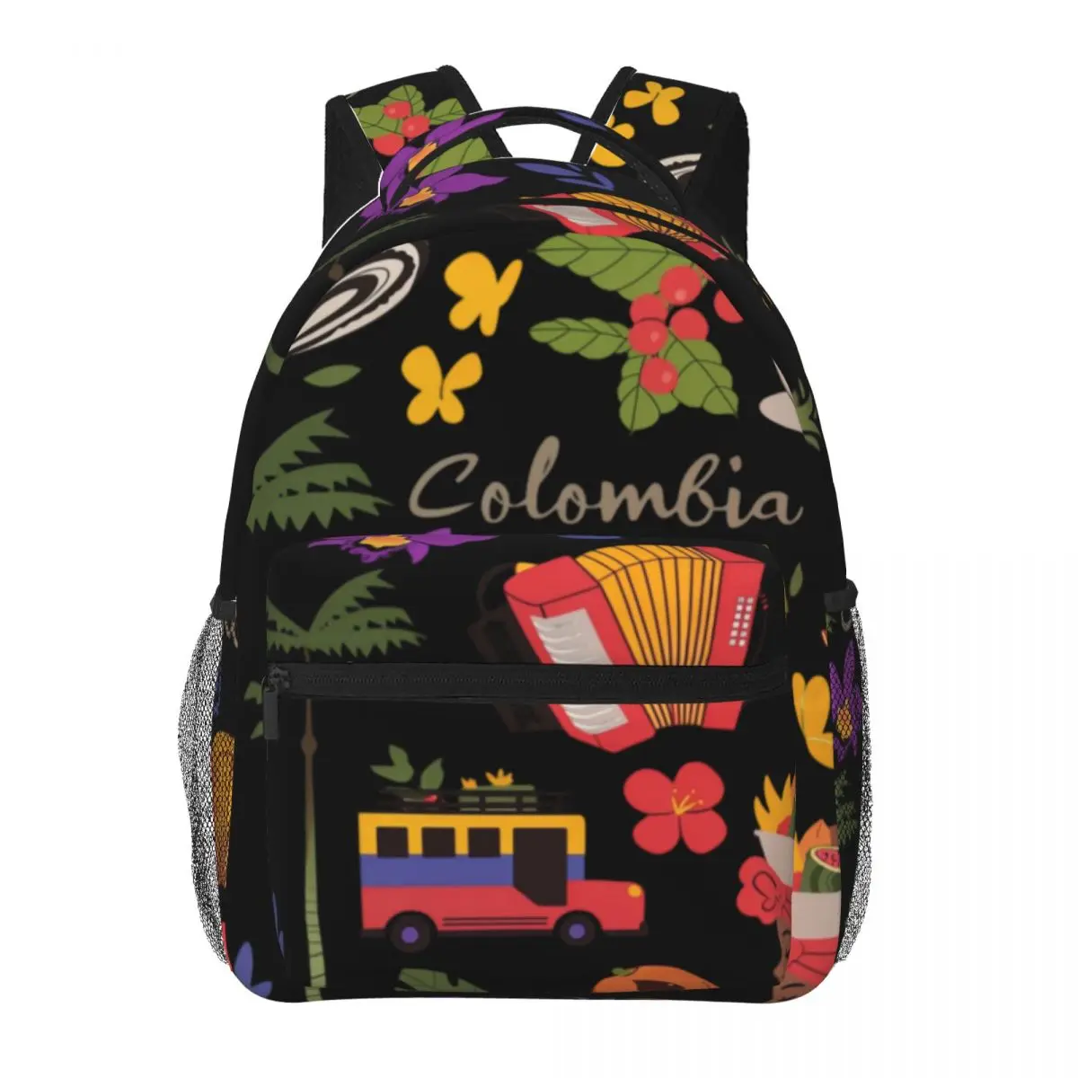 Sweet Snack Student Backpack Clustered Colombia Coffee Parrot Culture Flat Travel Illustration Multic Casual Daypack for College