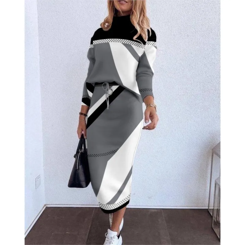 Autumn Winter Elegant Turtleneck T Shirt With Skirt Two Piece Sets For Women Fashion Long Sleeve Print T Shirts+pencil Dress Set