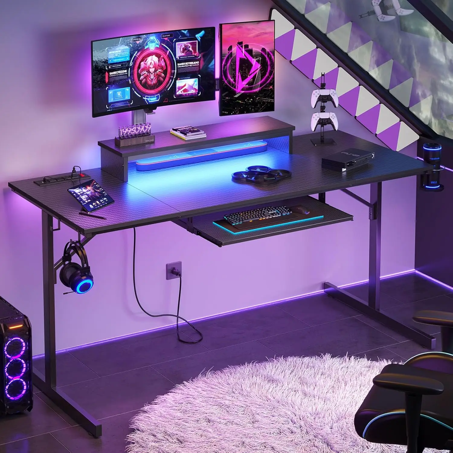

Bestier 63 Inch Gaming Desk with Power Outlets & LED Lights, Large Computer Desk with Monitor