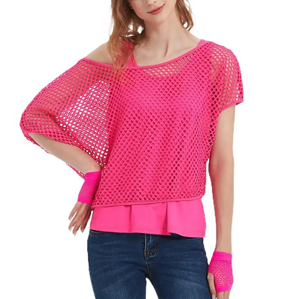 80s Mesh Shirt Vest Set Neon Bright Mesh Top Tank Top Women\'s Bright Color Mesh Top Vest Set with Short Sleeve for Fashionable