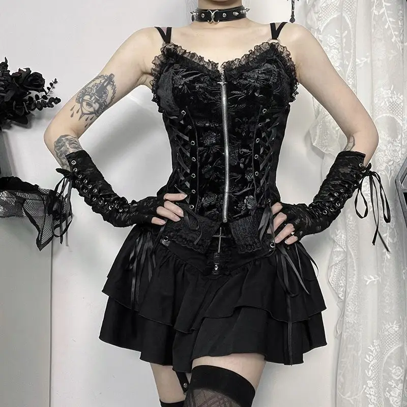 Japanese Gothic Lolita Cake Skirt Women Vintage Sweet Lace Cross High Waist Bandage Slim Mini Skirts Harajuku Punk Ruffles Skirt