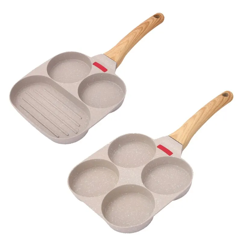 Non-stick 3 Hole/4 Hole Steak and Egg Omelette Thickened Omelet Pan with Wooden Handle Kitchenware