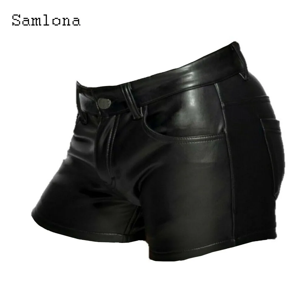 2025 European Sexy Faux Pu Leather Shorts Men's Stand Pocket Dance Club Short Pants Solid Black Soft Button Fly Ultra-Shorts New