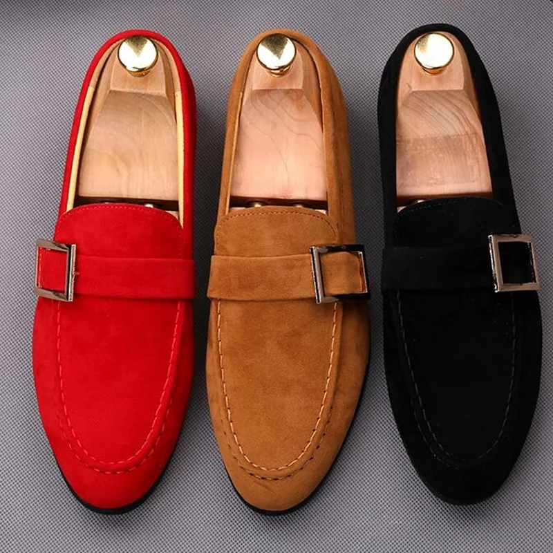 New Fashion Italy Style Luxury Mens Suede Loafers Handmade Strap Buckles Men Casual Shoes Slip On Mocasines Men\'s Slippers