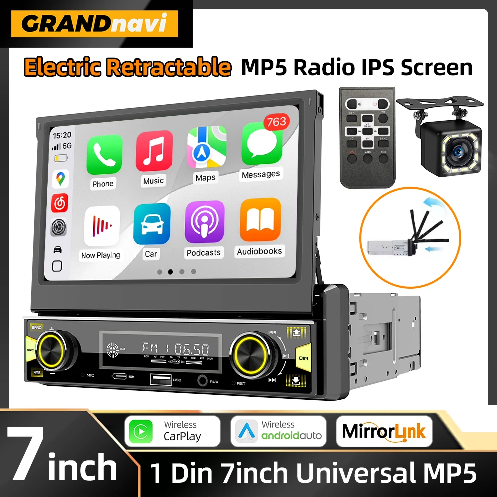 1DIN 7Inch MP5 Car Radio Player FM AM RDS Automatic Retractable IPS Touch Screen Wireless CarPlay Android Auto Car Stereo GPS
