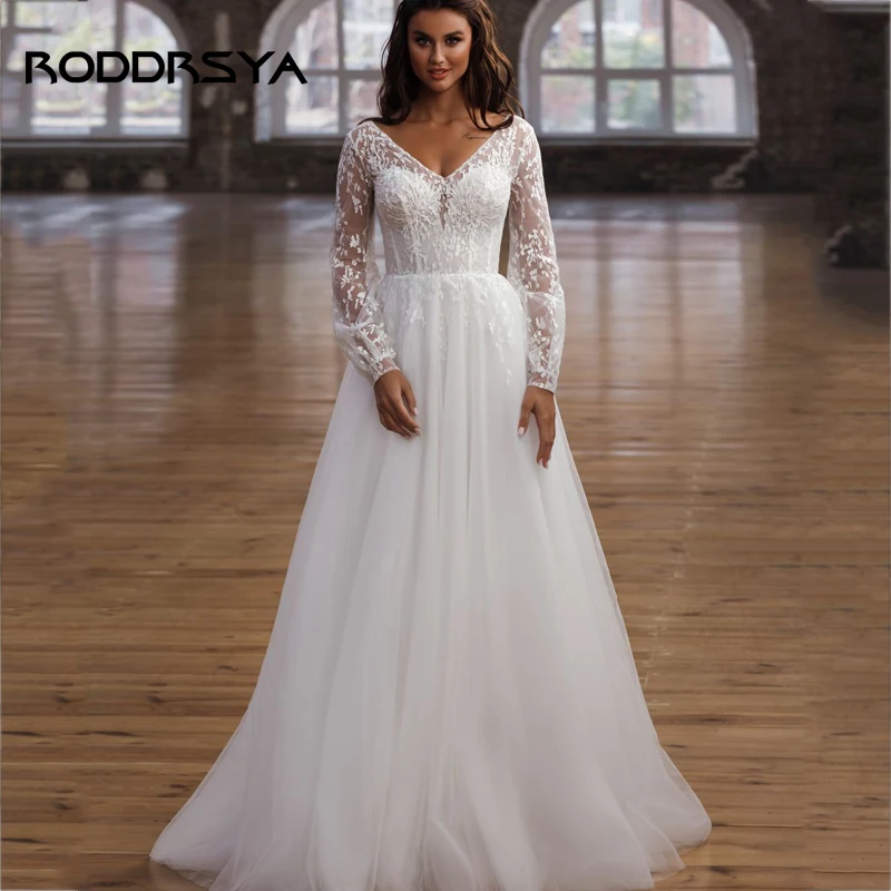 RODDRSYA-vestido de novia elegante con corte en A para mujer, manga larga abullonada, apliques de encaje, ilusión, botón trasero Elegante vestido de novia femenino de manga larga con calcomanías de encaje de letra a ve