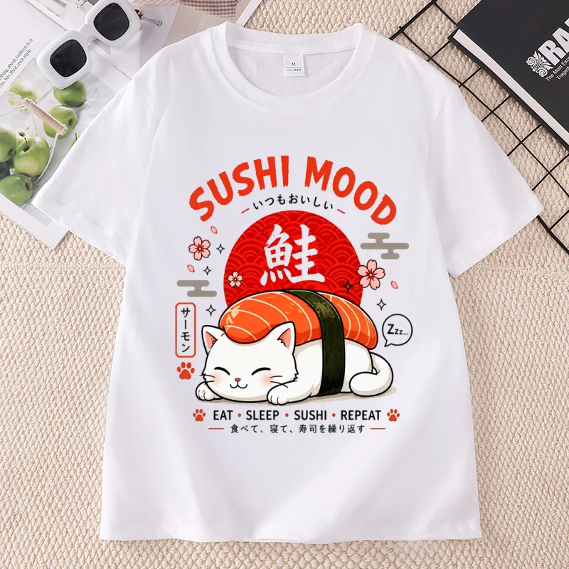 Sushi Mood Cat T-Shirt Men Women Cute Sushi Cat Tee Funny Kawaii Cat T Shirt Eat Sleep Casual Short Sleeve Graphic Tee