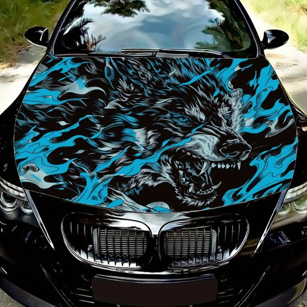 

Cold Flame Wolf Shadow: A fierce stance in an icy blue hue; car vinyl wraps, vinyl car hood graphics, and vinyl engine decals th