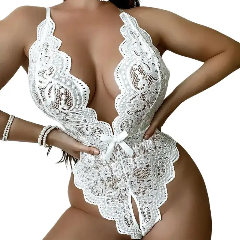  Crotchless White Lingerie Lace Hollow Bodysuit  Costumes Teddy Babydoll Dress Deep V Open Bra Porn Women's Underwear