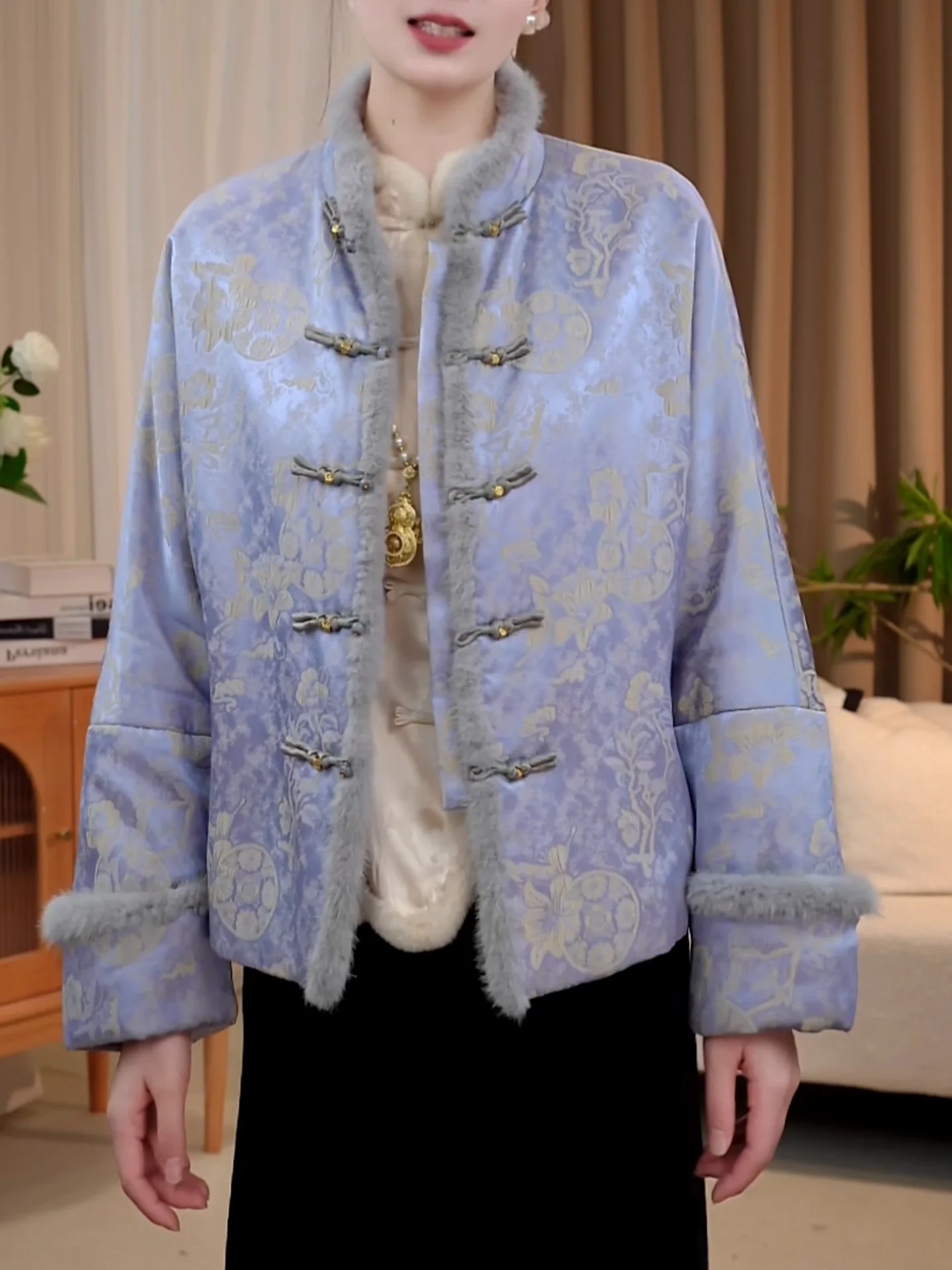 

Retro Chinese Sle Women's Faionable Long Sve Coat with Button Collar Autumn Winter Slimming Outerwear Casual Jaet