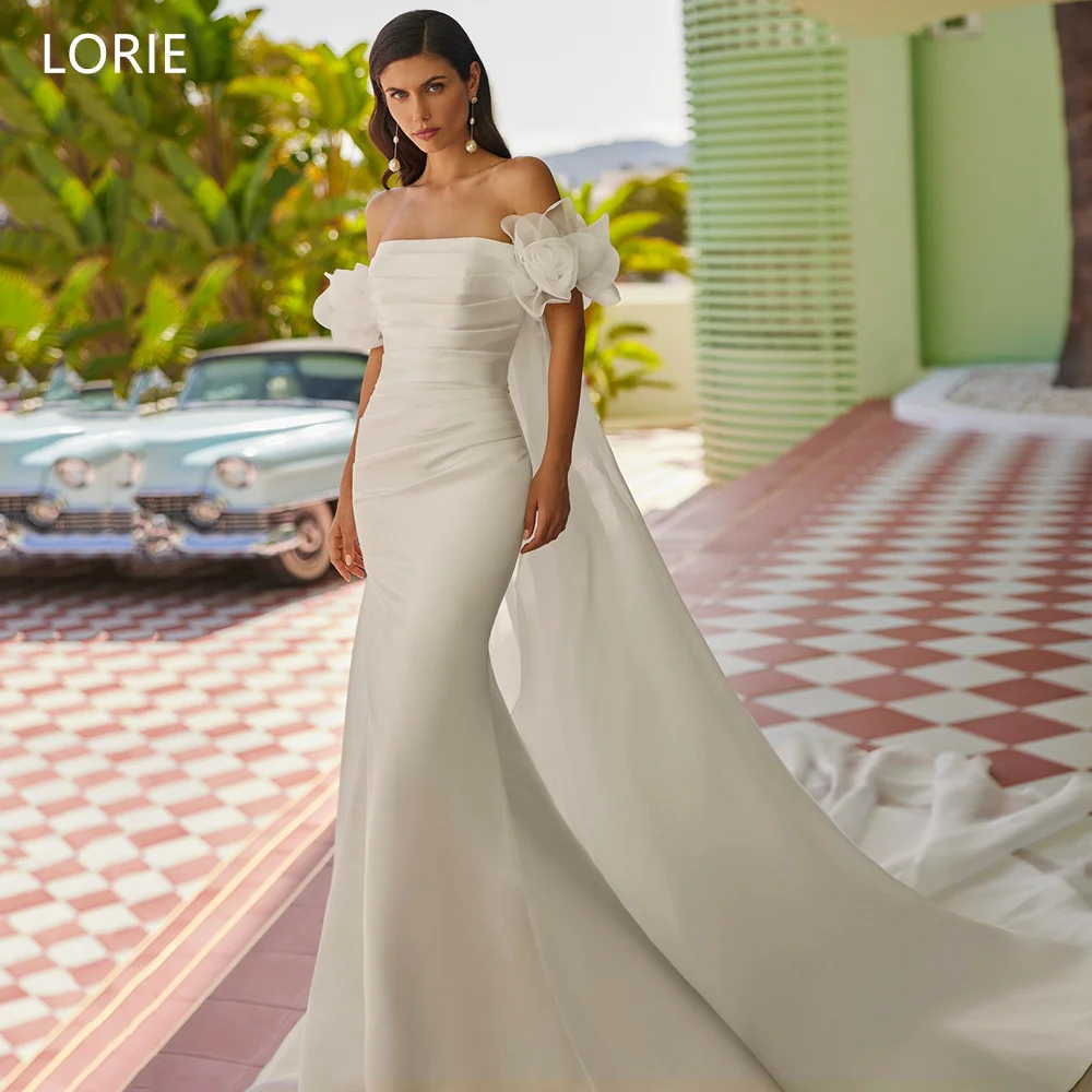 ชุดแต่งงาน LORIE Chic Stain แบบเกาะอกทรงเมอร์เมดประดับดอกไม้ ชุดราตรีเจ้าสาวแบบจีบยาวลากพื้น สามารถสั่งตัดได้