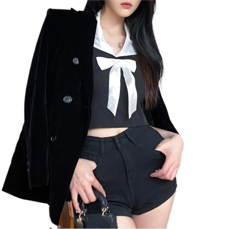 2022 Fashion  pocket design double-breasted  velvet suit jacket  women  casaco de frio feminina  business women outfits