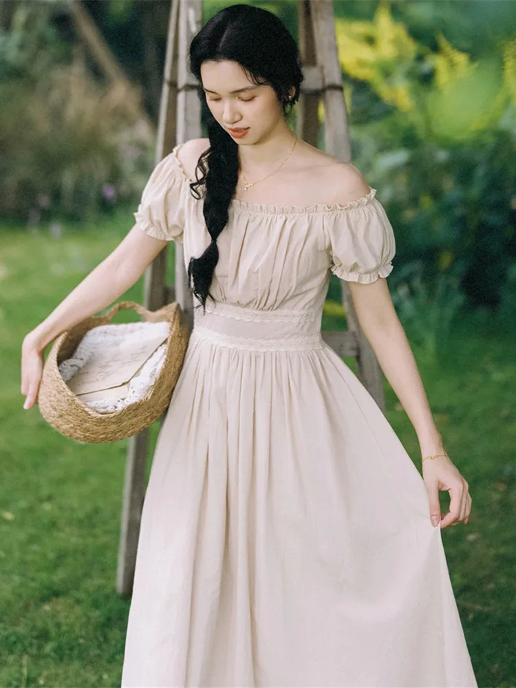 84-96cm Bust Summer 100%Cotton Dresses Women Vintage French Country Elegant Sexy Off-the-Shoulder Slimming Sweet Chic Dresses