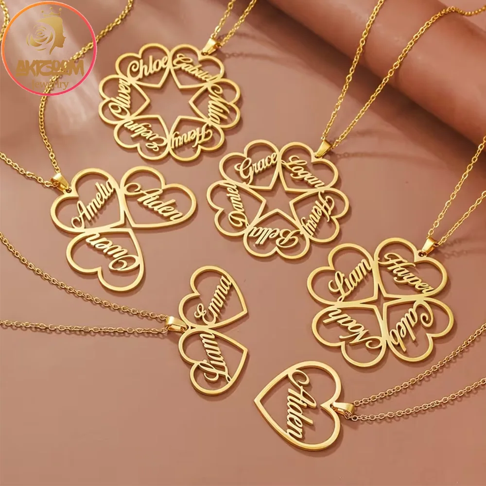 Akizoom Custom 1-6 Names Heart Pendant Necklace for Women Personalized Multiple Name Removable Necklace Family Jewelry Gifts