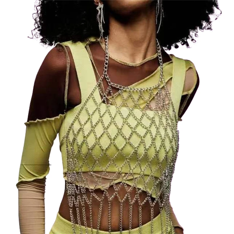Halloween Clubwear Damen Neckholder Körperkette Quasten Netz Harness Top Party Club Outfit Mehrschichtiges Festival Y2K Crop Top Oversized – Detail 1