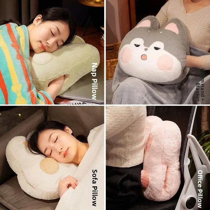 Cartoon Husky  Rabbit Pillow Blanket Handheld Office Car Nap Logo Printable Soft Cozy Throw Pillow Blanket with Handle