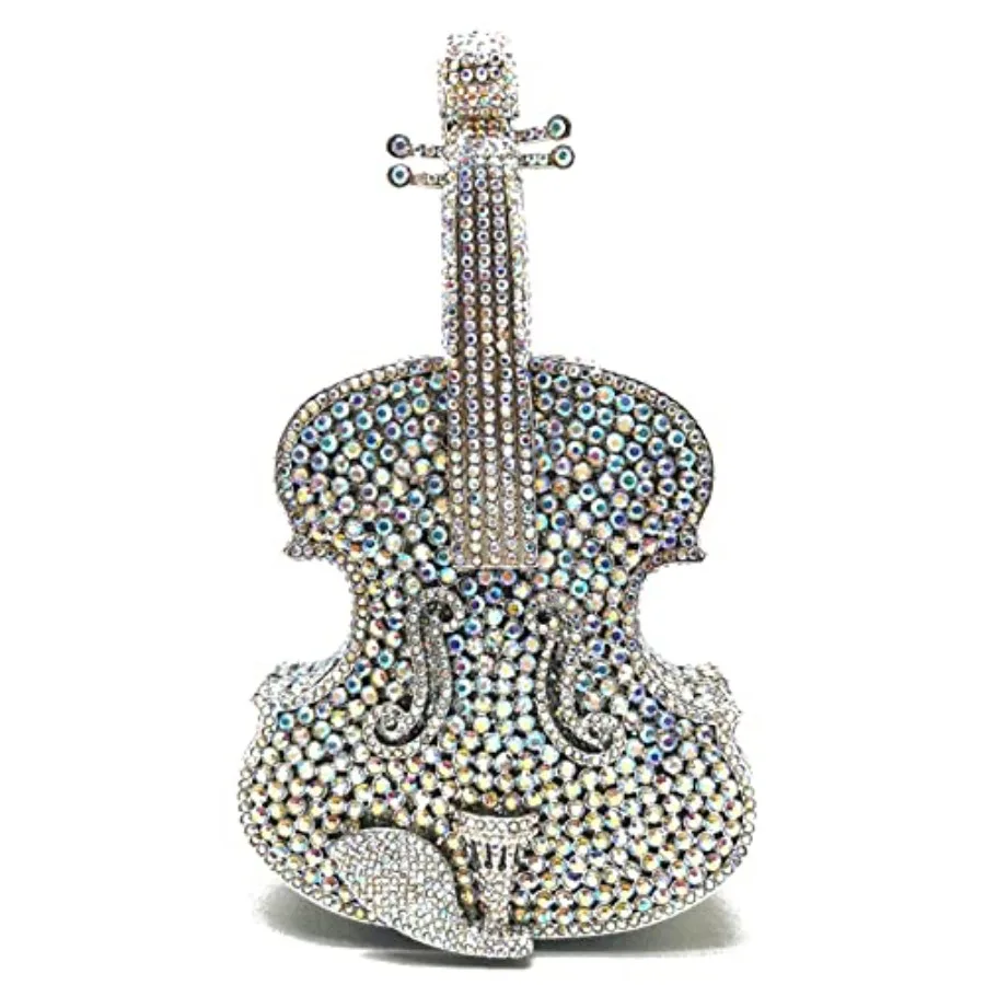 Evening bag for weddings and parties: mini violin-shaped clutch in silver with sparkling rhinestones, lightweight metallic fini