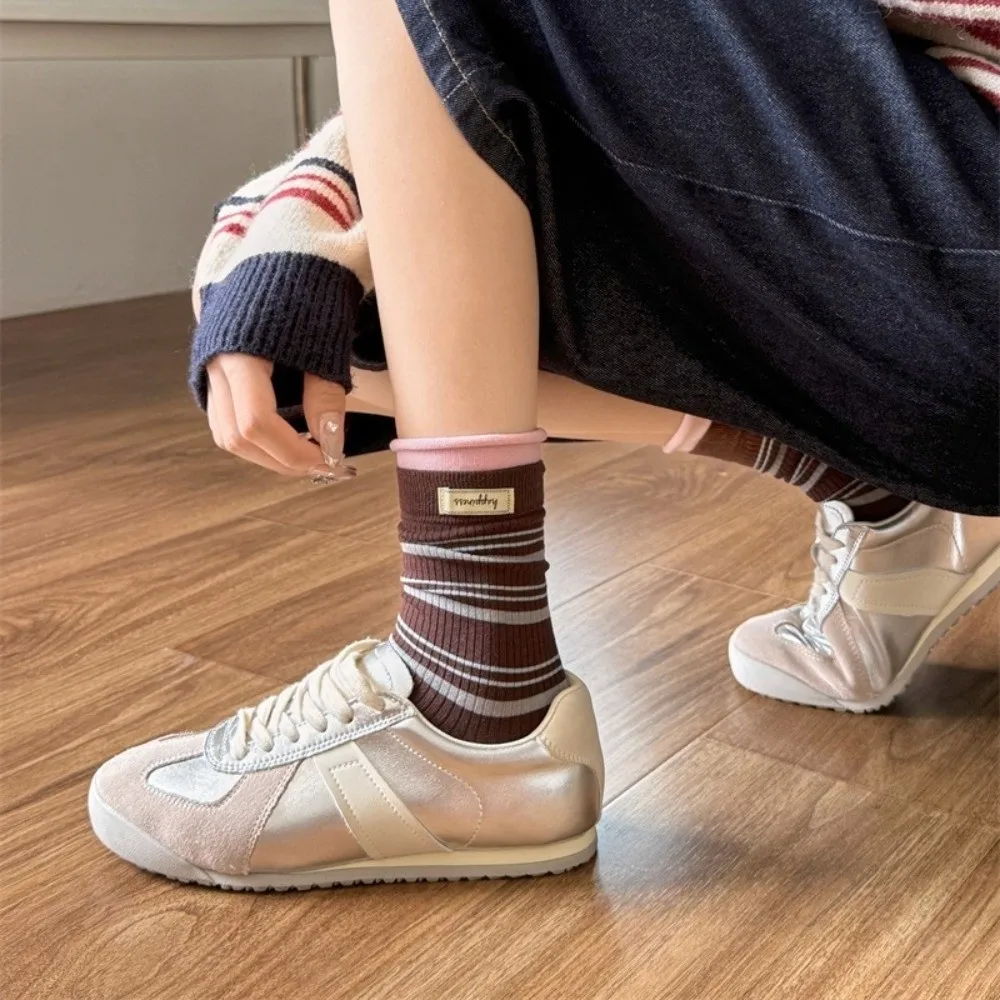 Fake Two-Piece Design Crew Socks Mid-Calf Length Striped Pattern Knitted Socks Soft Knit Texture Striped Socks For Women